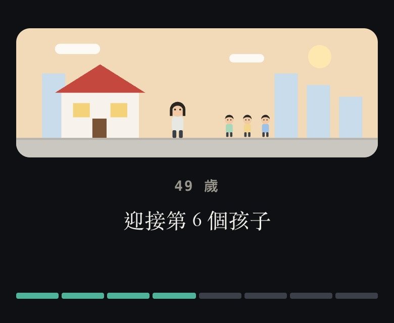 人生回放：媽媽和三個小孩站在房子前，字幕寫著迎接第 6 個孩子